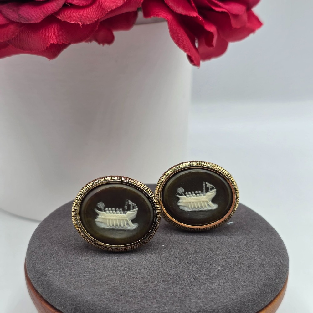 DANTE Cameo Cufflinks Boat‎ Scene Roman Ship Oval Gold Tone Mens Formal Nautical